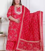  plus size red floral print embroidered cotton straight kurta with palazzo & dupatta