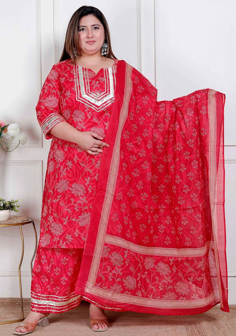  plus size red floral print embroidered cotton straight kurta with palazzo & dupatta