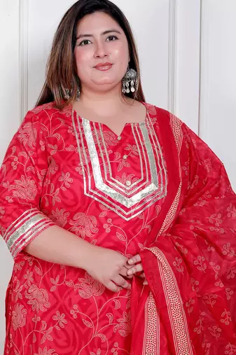  plus size red floral print embroidered cotton straight kurta with palazzo & dupatta