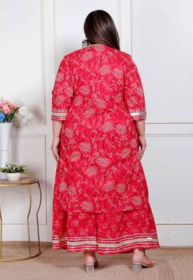  plus size red floral print embroidered cotton straight kurta with palazzo & dupatta 4