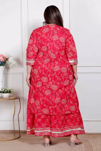  plus size red floral print embroidered cotton straight kurta with palazzo & dupatta