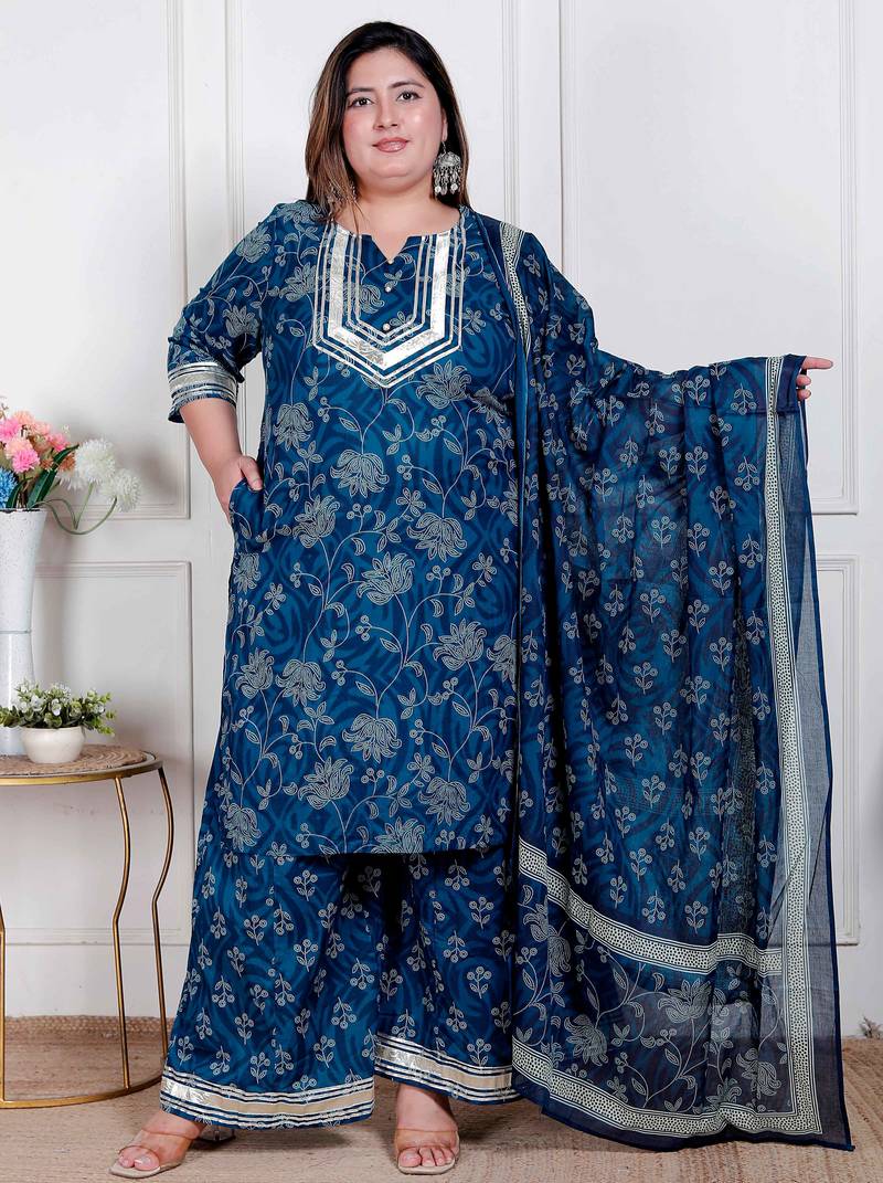  plus size women's gota patti cotton kurta paired with palazzo and dupatta