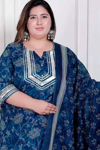  plus size women's gota patti cotton kurta paired with palazzo and dupatta