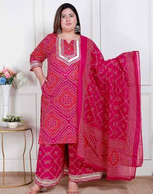  plus size women's pink bandhani printed straight kurta with palazzo & dupatta 1