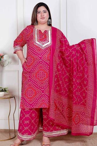  plus size women's pink bandhani printed straight kurta with palazzo & dupatta