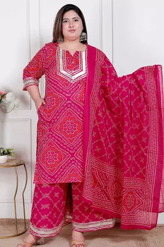  plus size women's pink bandhani printed straight kurta with palazzo & dupatta