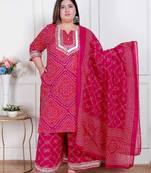  plus size women's pink bandhani printed straight kurta with palazzo & dupatta