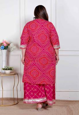  plus size women's pink bandhani printed straight kurta with palazzo & dupatta 4