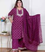  plus size magenta embroidered cotton kurta with palazzo and dupatta