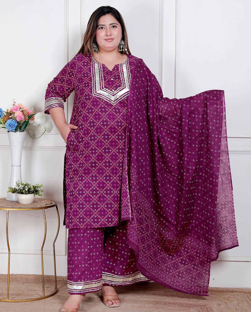  plus size magenta embroidered cotton kurta with palazzo and dupatta