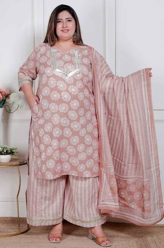  plus size women brown floral printed cotton straight ethnic kurta with palazzo and dupatta