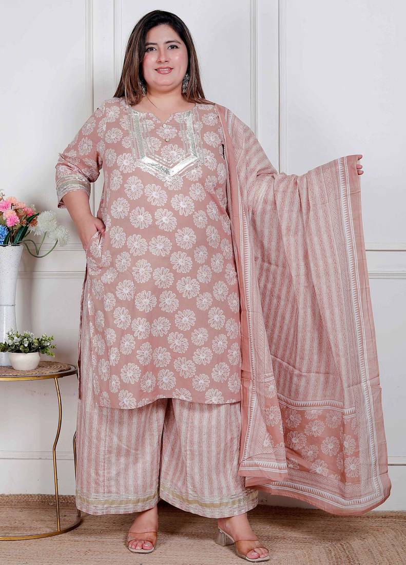  plus size women brown floral printed cotton straight ethnic kurta with palazzo and dupatta
