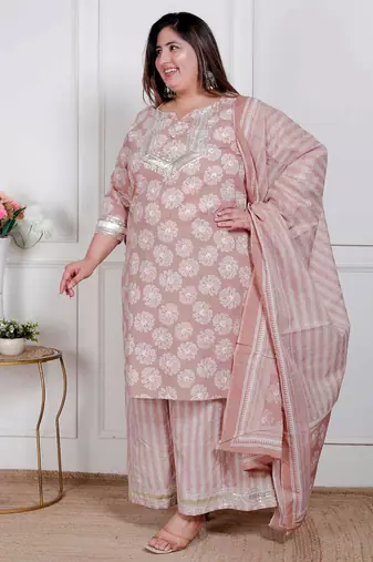  plus size women brown floral printed cotton straight ethnic kurta with palazzo and dupatta