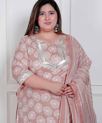  plus size women brown floral printed cotton straight ethnic kurta with palazzo and dupatta 3