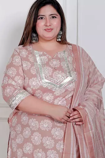  plus size women brown floral printed cotton straight ethnic kurta with palazzo and dupatta