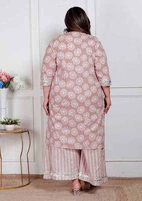 plus size women brown floral printed cotton straight ethnic kurta with palazzo and dupatta 4