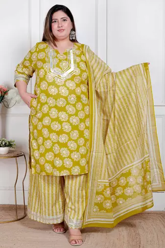  plus size women's lime yellow embroidered straight kurta with palazzo and dupatta