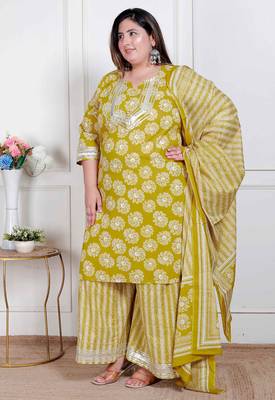  plus size women's lime yellow embroidered straight kurta with palazzo and dupatta 2