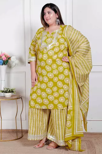  plus size women's lime yellow embroidered straight kurta with palazzo and dupatta