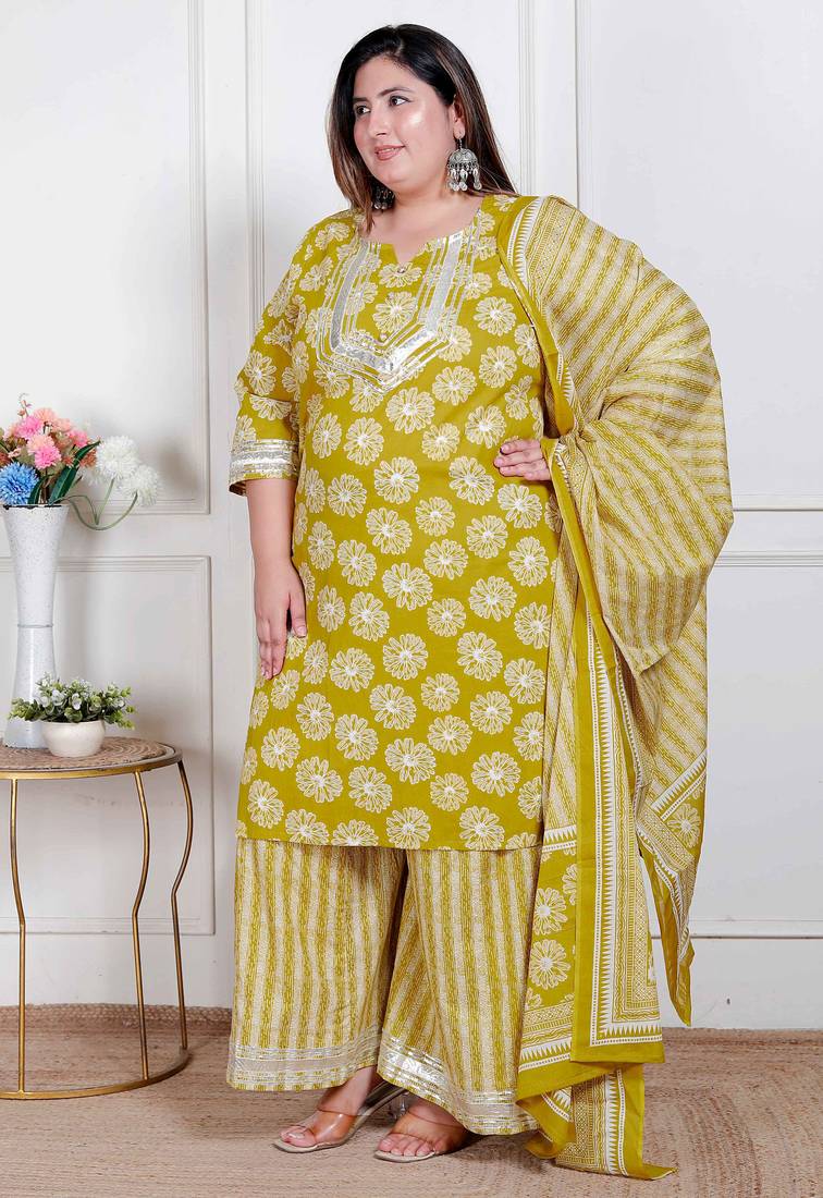  plus size women's lime yellow embroidered straight kurta with palazzo and dupatta