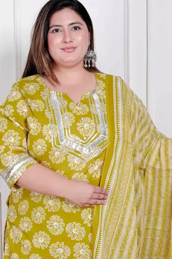  plus size women's lime yellow embroidered straight kurta with palazzo and dupatta
