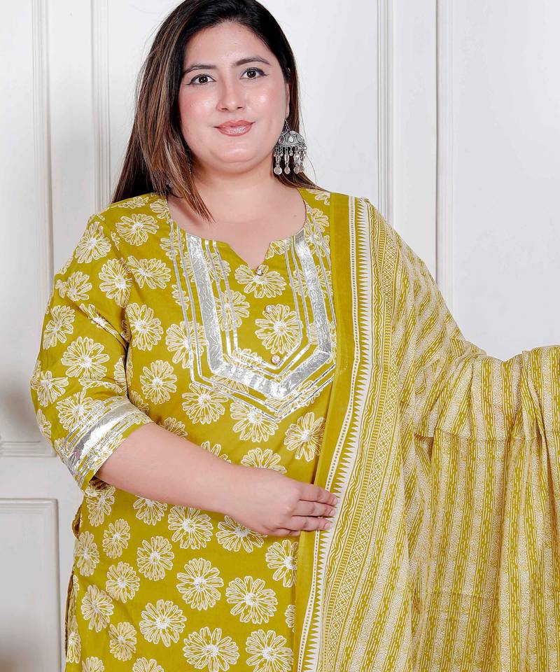 plus size women's lime yellow embroidered straight kurta with palazzo and dupatta