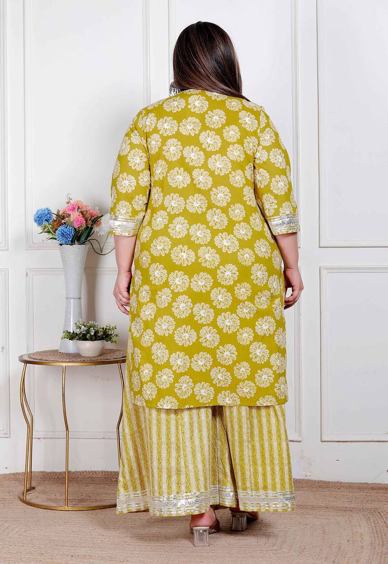  plus size women's lime yellow embroidered straight kurta with palazzo and dupatta