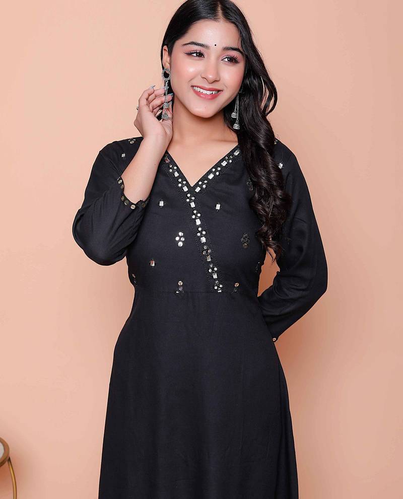  womens black mirror work angrakha kurta and palazzo set