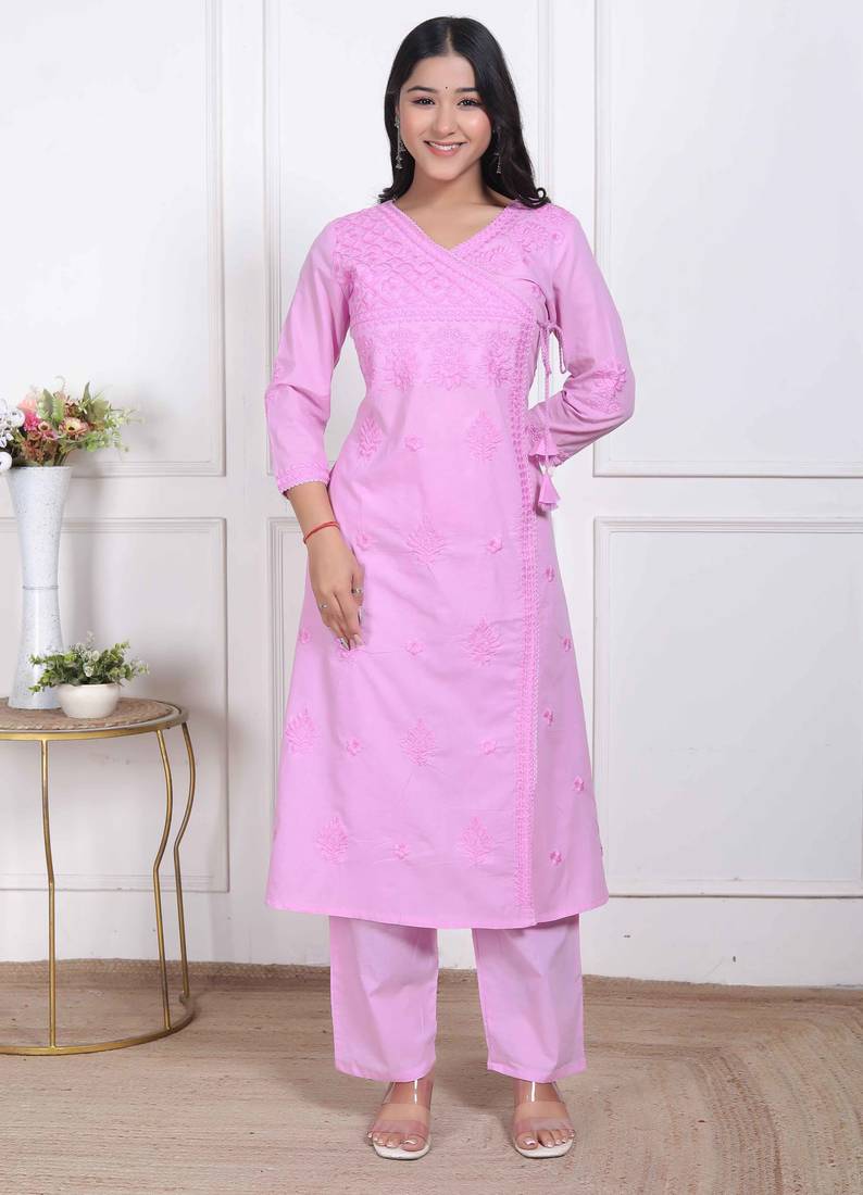  womens pink lucknowi angrakha style kurta with palazzo