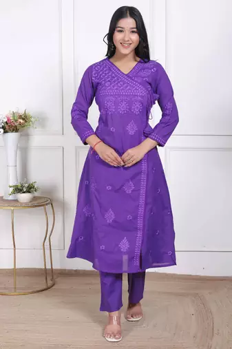  womens purple floral printed angrakha style kurta with palazzo