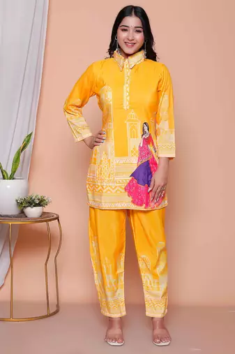  womens yellow digital printed kurta set
