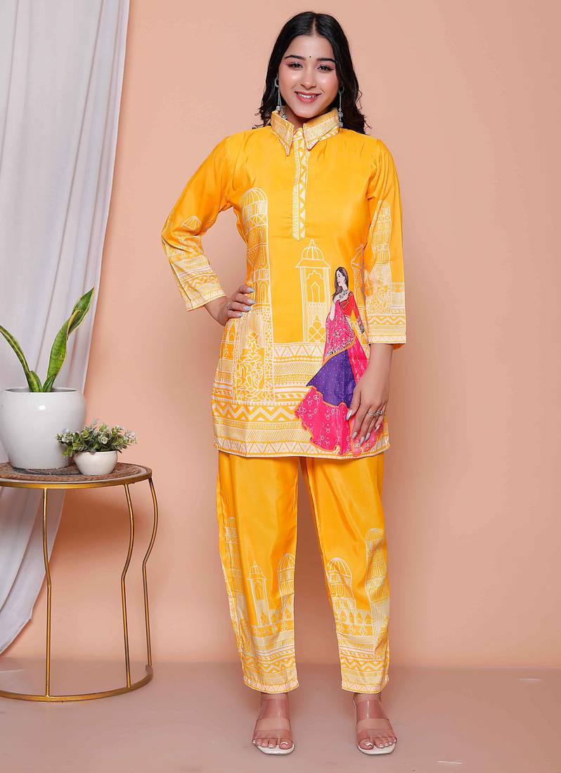  womens yellow digital printed kurta set