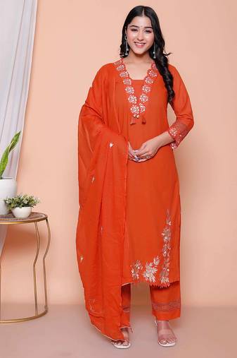  womens embroidered cotton kurta with palazzo & dupatta set