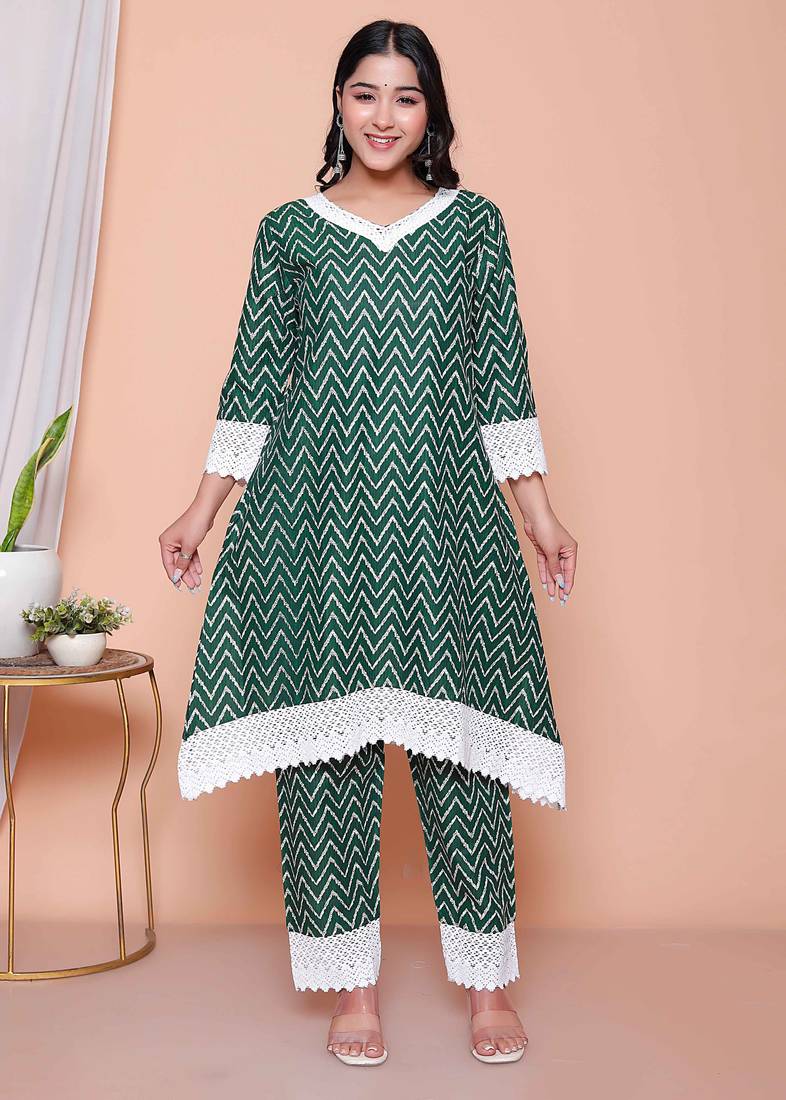  womens green rayon zigzag print kurta with palazzo set