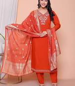  womens orange embroidery straigh kurta with palazzo and dupatta set
