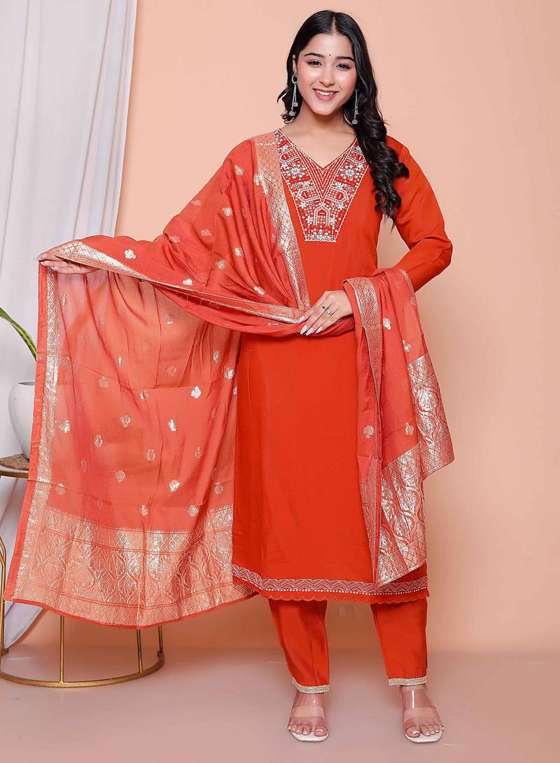  womens orange embroidery straigh kurta with palazzo and dupatta set
