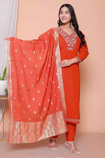  womens orange embroidery straigh kurta with palazzo and dupatta set
