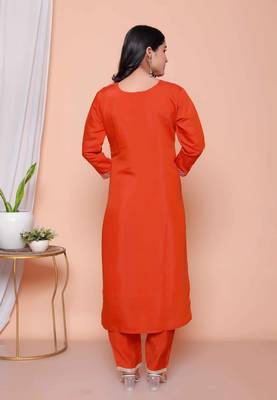  womens orange embroidery straigh kurta with palazzo and dupatta set 4