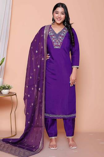  womens purple muslin stright kurta and palazzo with dupatta suit set