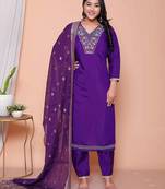  womens purple muslin stright kurta and palazzo with dupatta suit set