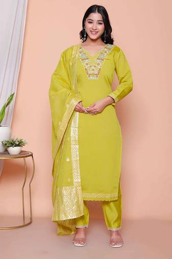  womens muslin yellow  kurta and palazzo with dupatta set