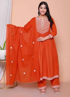  womens floral embroidered rust straight cotton kurta & palazzo with dupatta set 1
