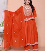  womens floral embroidered rust straight cotton kurta & palazzo with dupatta set