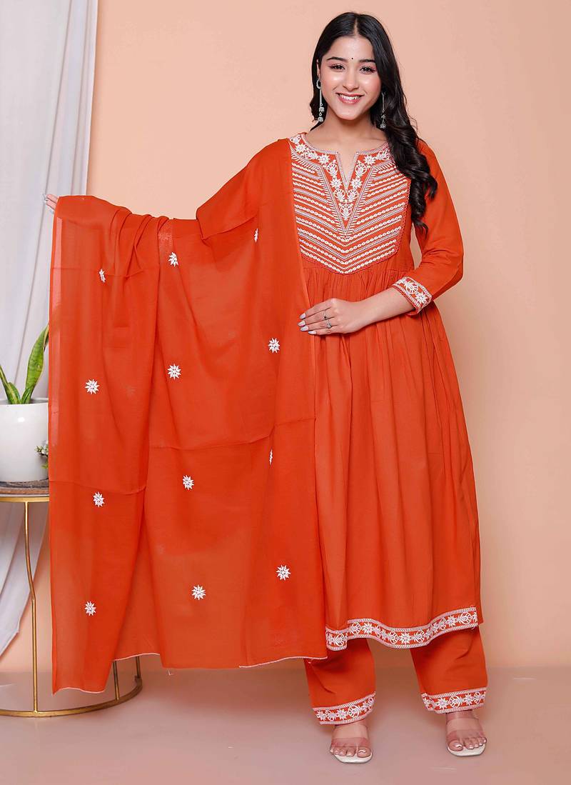  womens floral embroidered rust straight cotton kurta & palazzo with dupatta set