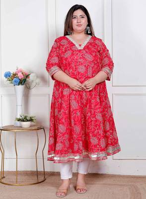 plus size women's red jaipuri printed cotton ethnic anarkali kurta 1