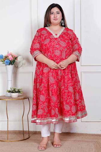 Doriyaan plus size women's red jaipuri printed cotton ethnic anarkali kurta