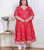 Doriyaan plus size women's red jaipuri printed cotton ethnic anarkali kurta