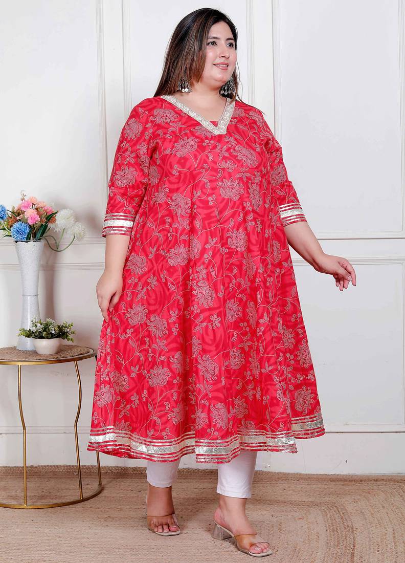 Doriyaan plus size women's red jaipuri printed cotton ethnic anarkali kurta