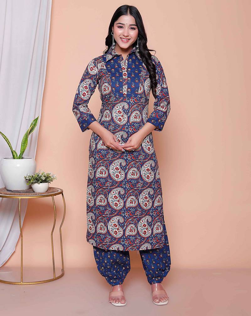  womens cotton floral printed shirt-collar straight kurta and palazzo set