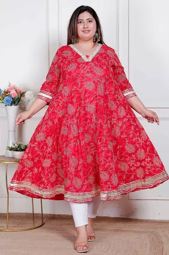 Doriyaan plus size women's red jaipuri printed cotton ethnic anarkali kurta